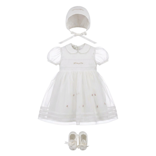 PICCOLA GIUGGIOLA Set Cerimonia Vestito con Cuffia e Scarpine in Organdis di Seta Panna Primavera-Estate