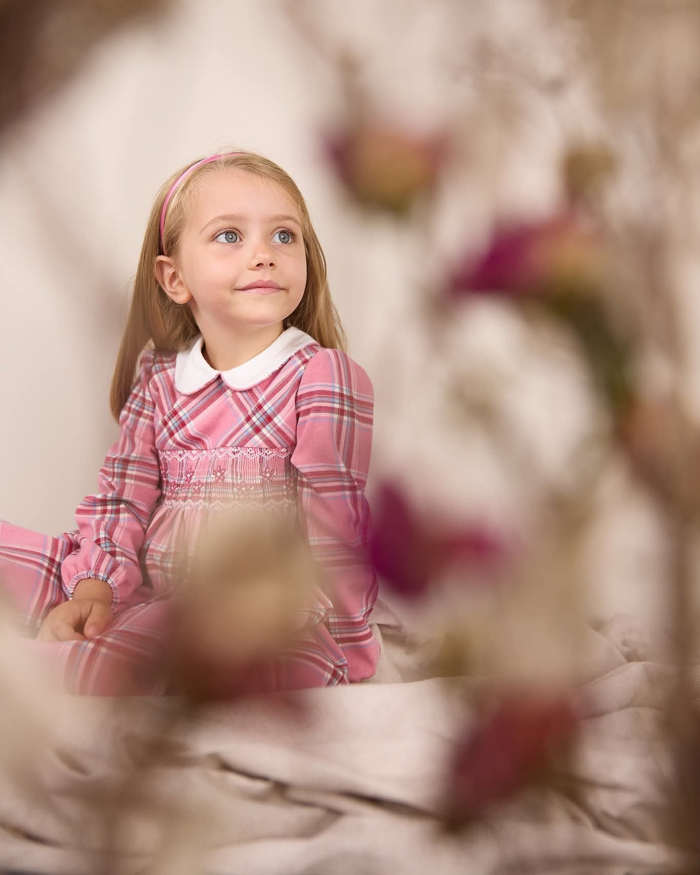 MALVI & CO Vestito Tartan con punto Smock Lampone-Rosa-Azzurro