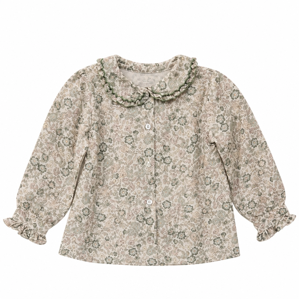 MALVI & CO. Camicia in tessuto stampato con smock panna-verde Autunno-Inverno