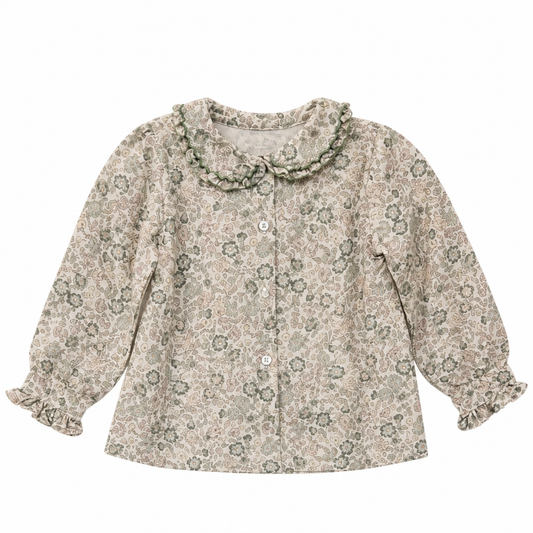 MALVI & CO. Camicia in tessuto stampato con smock panna-verde Autunno-Inverno