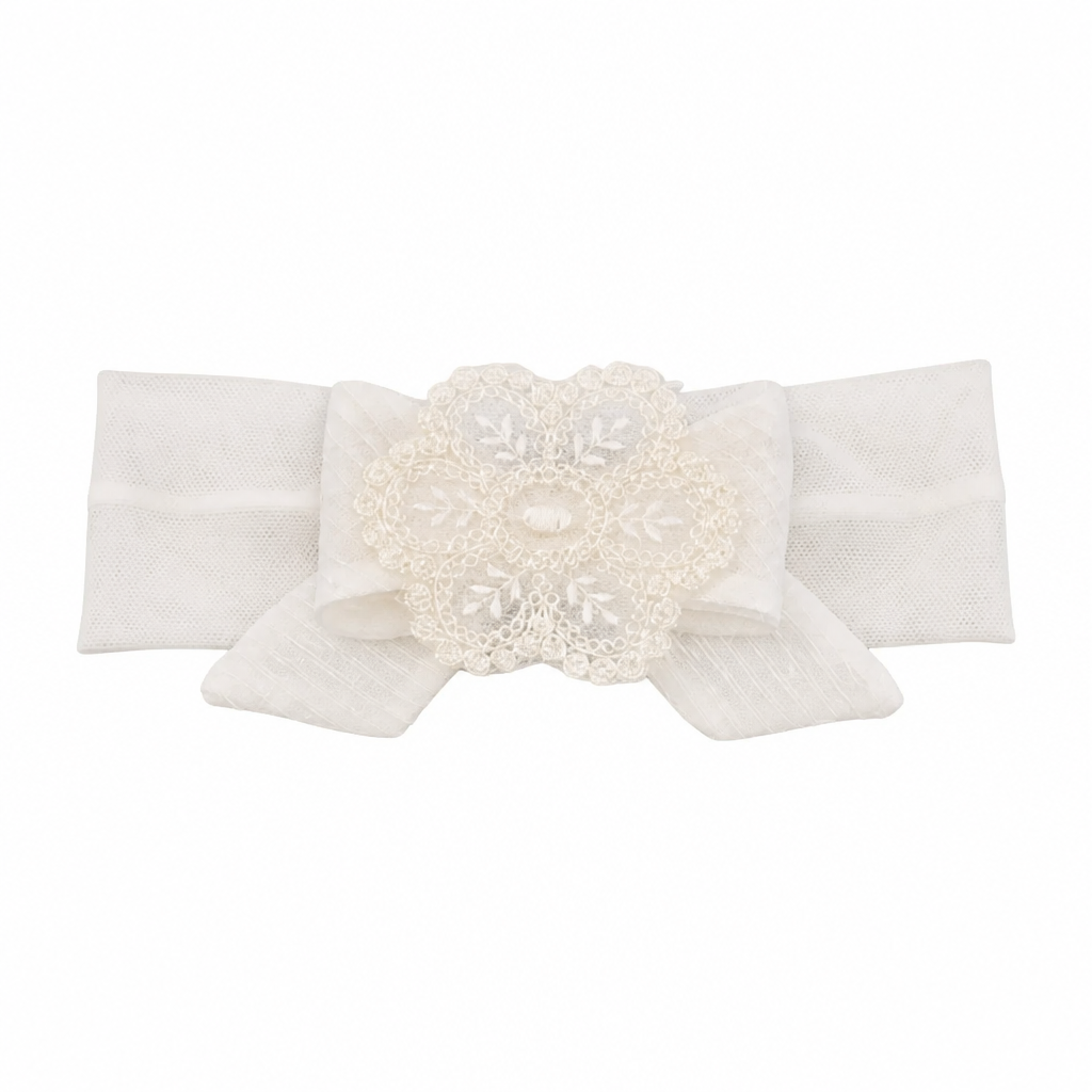 COLORICHIARI Fascia Baby in Tulle con Fiocco in Organza Rigata e Fiore in Pizzo Bianco Latte Autunno-Inverno