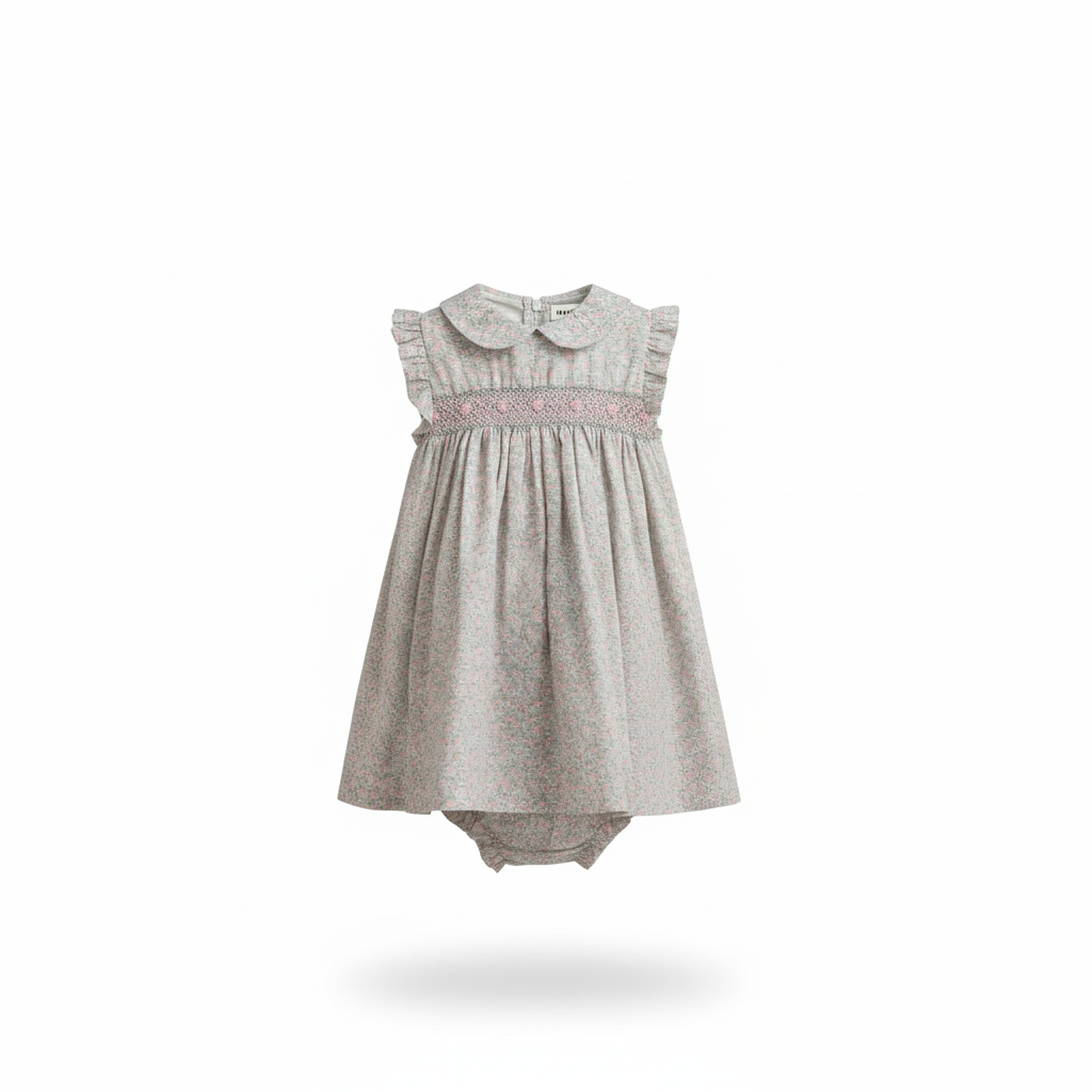 MALVI & CO. Isi Baby Vestito in Tessuto Stampato con Smock Verde Chiaro Primavera-Estate