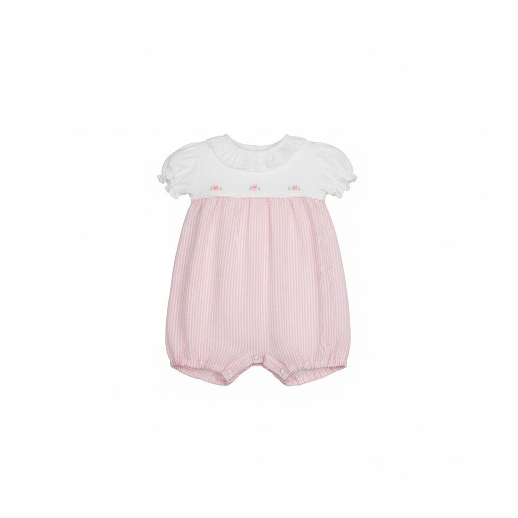 MALVI & CO. Isi Pagliaccetto Baby in Jersey e Righe Goffrate con Ricamo Bianco-Rosa Primavera-Estate