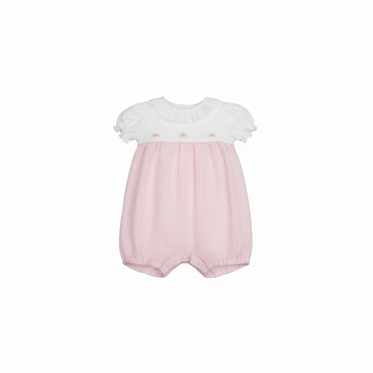 MALVI & CO. Isi Pagliaccetto Baby in Jersey e Righe Goffrate con Ricamo Bianco-Rosa Primavera-Estate