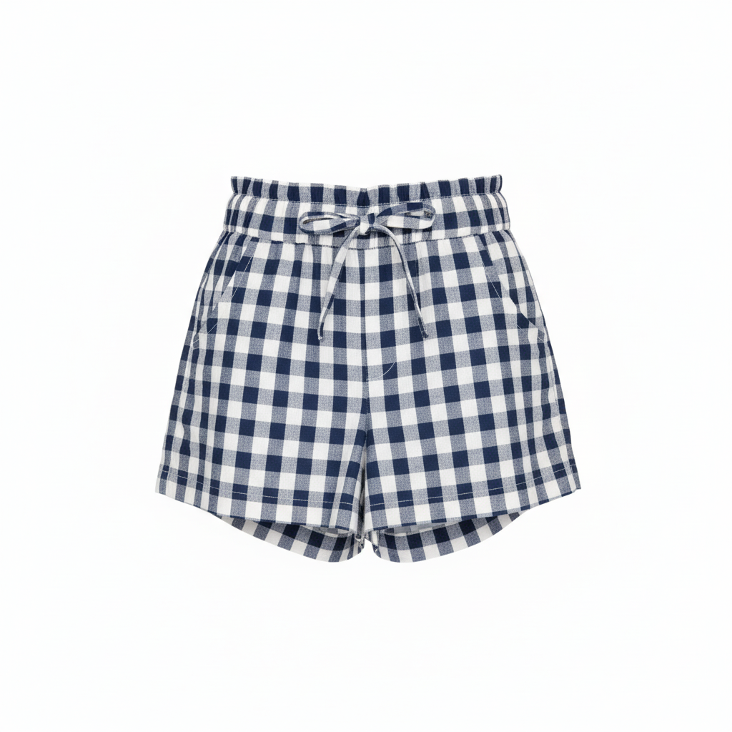 MALVI & CO. Completo 2 Pezzi T-Shirt Jersey Ricamo Nido D'Ape+Shorts Quadri Grandi Bianco-Navy Primavera-Estate
