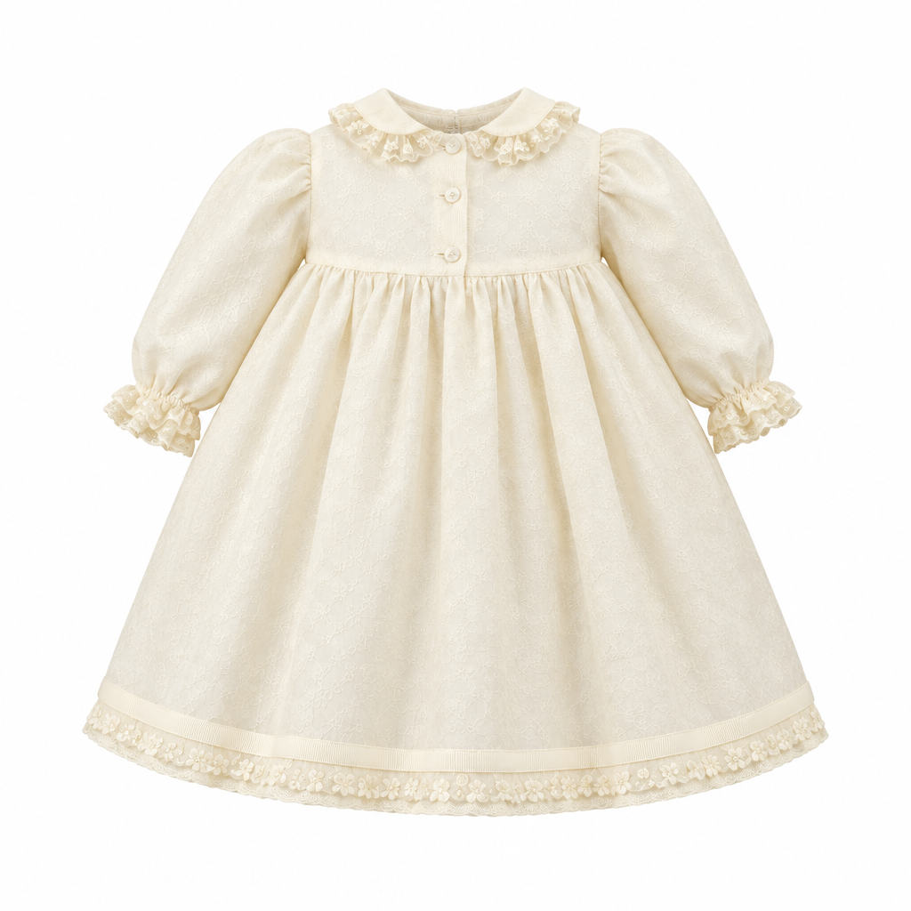 PICCOLA GIUGGIOLA Trilly Set Cerimonia Vestito con Cuffia e Scarpine in Pura Seta e Pizzo Valenciennes Avorio Autunno-Inverno