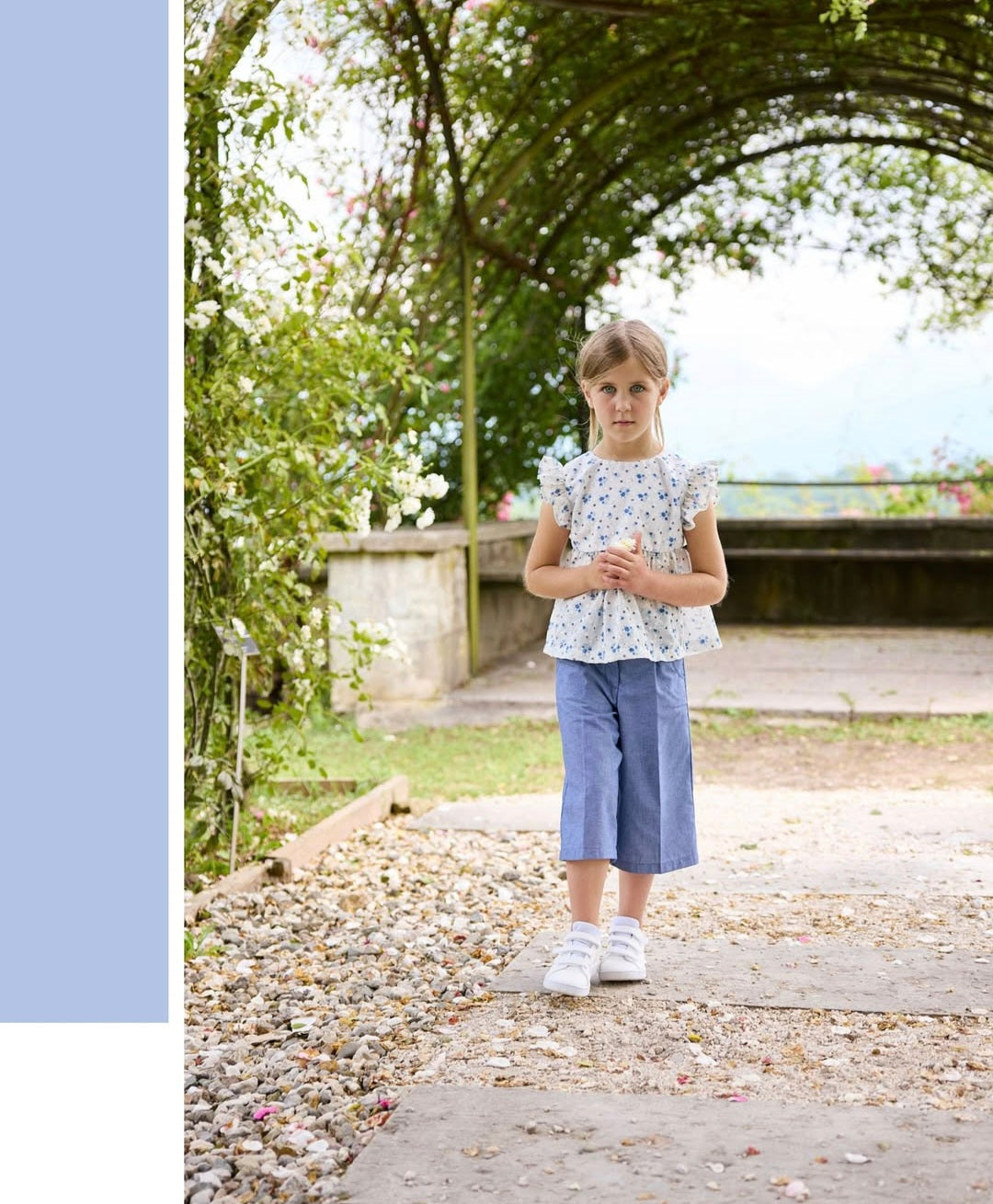 MALVI & CO. Completo 2 Pezzi Top Pizzo Sangallo+Pantalone Palazzo Chambray Indigo