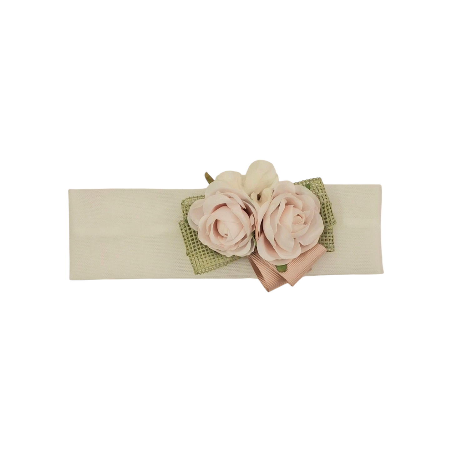 COLORICHIARI Fascia in Tulle Panna con Fiori Rosa Antico e Nastro Verde Primavera-Estate