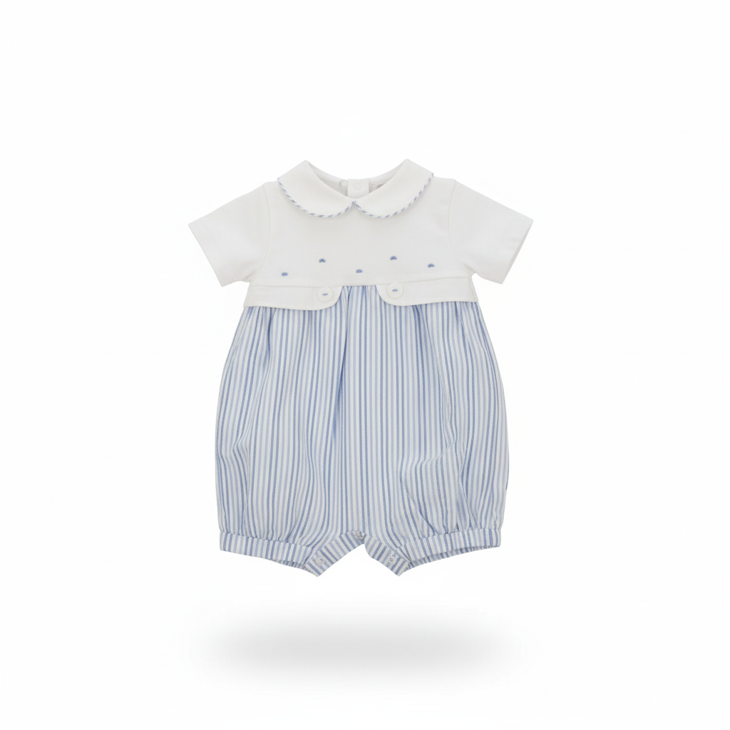 MALVI & CO. Isi Pagliaccetto Baby in Jersey e Righe Goffrate con Ricamo Bianco-Celeste Primavera-Estate