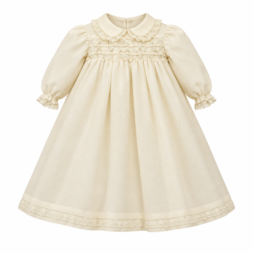 PICCOLA GIUGGIOLA Trilly Set Cerimonia Vestito con Cuffia e Scarpine in Pura Seta e Pizzo Valenciennes Avorio Autunno-Inverno
