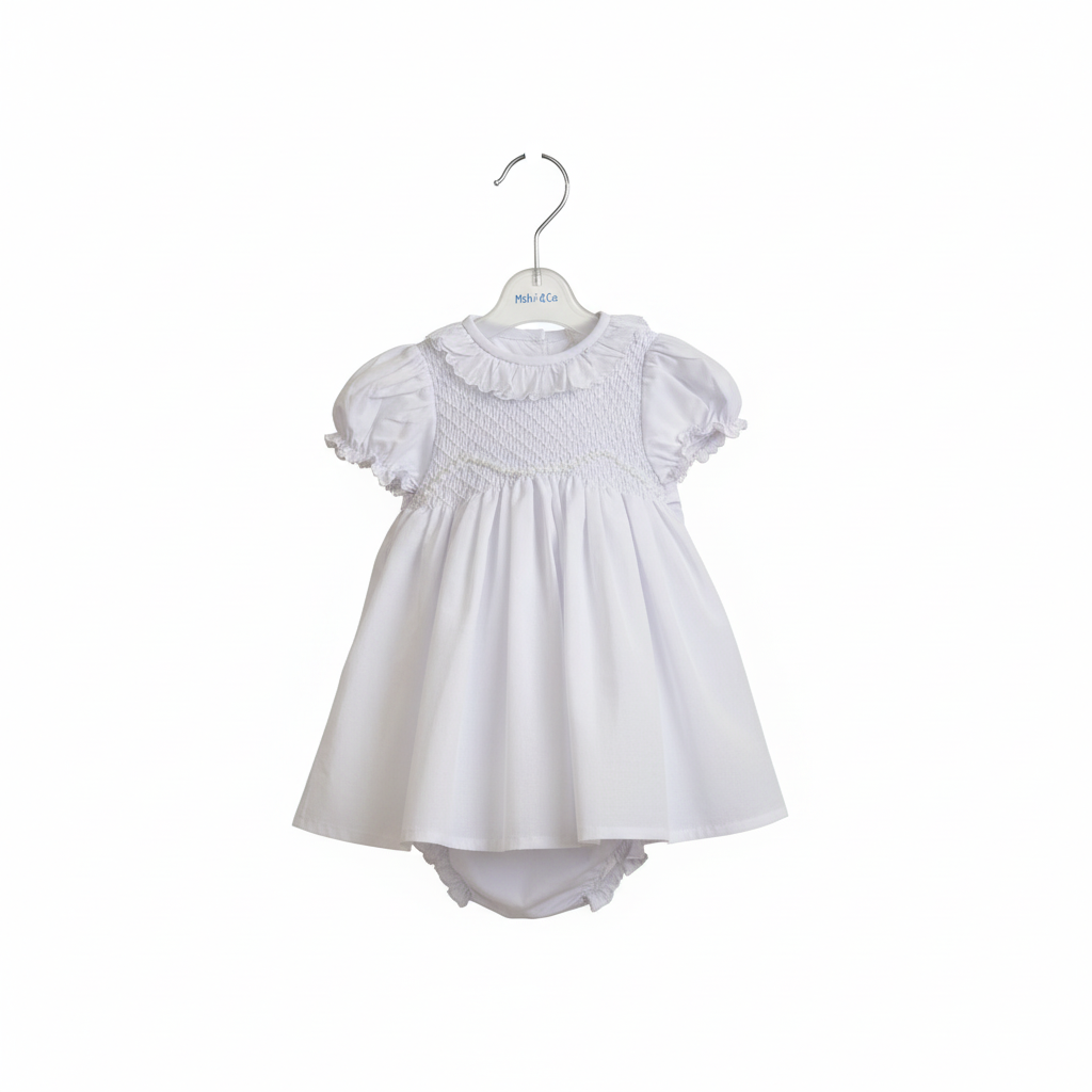 MALVI & CO. Isi Baby Vestito + Coulotte Cerimonia Voile con Smock Bianco Primavera-Estate