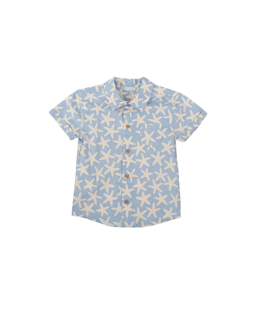 TUTTO PICCOLO Camicia M/C Cotone Fantasia Stella Marina Azzurro Carta da Zucchero-Beige Primavera-Estate