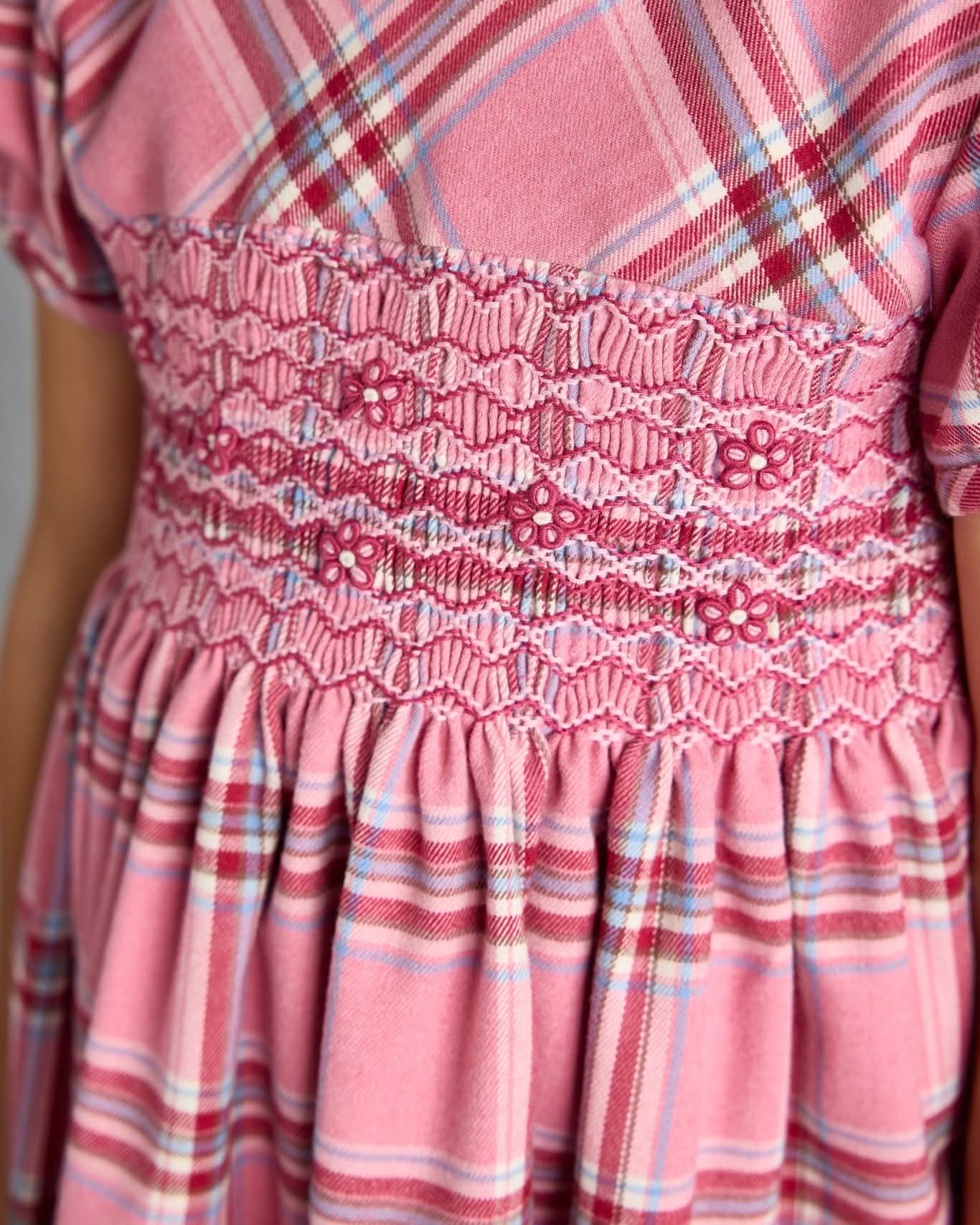 MALVI & CO Vestito Tartan con punto Smock Lampone-Rosa-Azzurro