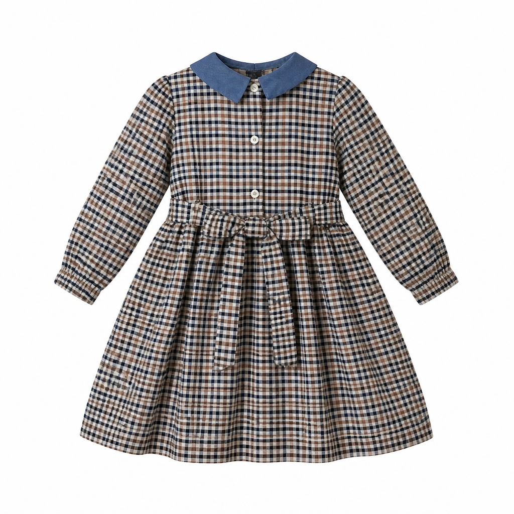 MALVI & CO. Vestito Bambina in Flanella Vichy Beige-Celeste con Smock Diamante Autunno-Inverno
