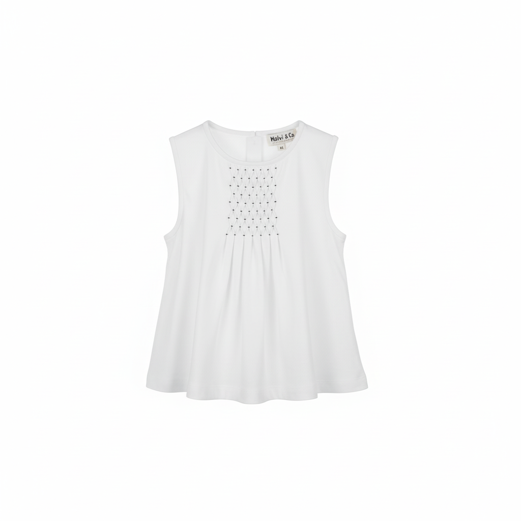 MALVI & CO. Completo 2 Pezzi T-Shirt Jersey Ricamo Nido D'Ape+Shorts Quadri Grandi Bianco-Navy Primavera-Estate