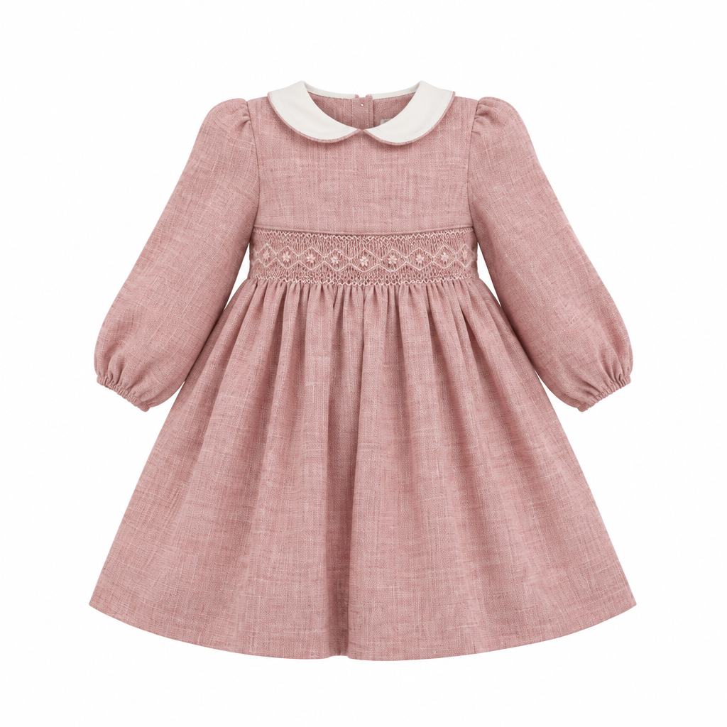MALVI & CO. Vestito in Flanella con Punto Smock Rosa Melange Autunno-Inverno