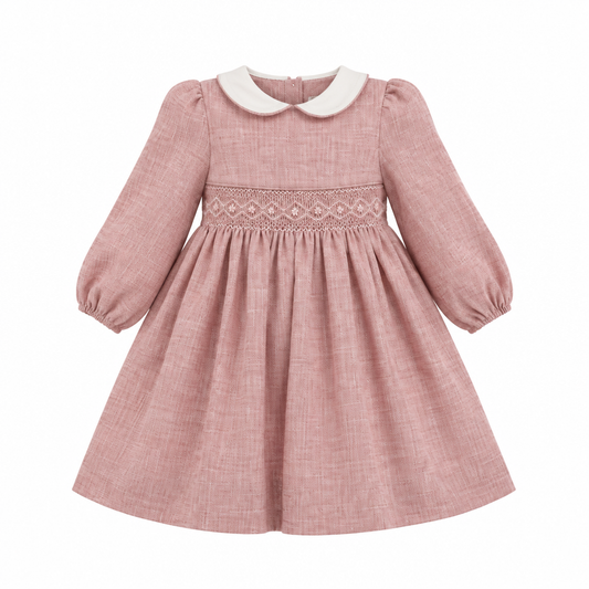 MALVI & CO. Vestito in Flanella con Punto Smock Rosa Melange Autunno-Inverno