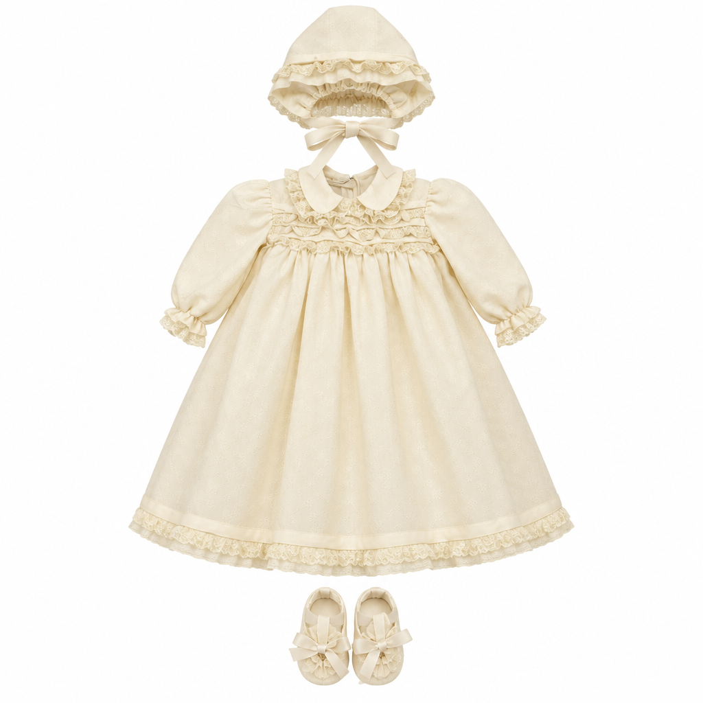 PICCOLA GIUGGIOLA Trilly Set Cerimonia Vestito con Cuffia e Scarpine in Pura Seta e Pizzo Valenciennes Avorio Autunno-Inverno