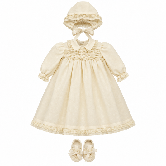 PICCOLA GIUGGIOLA Trilly Set Cerimonia Vestito con Cuffia e Scarpine in Pura Seta e Pizzo Valenciennes Avorio Autunno-Inverno