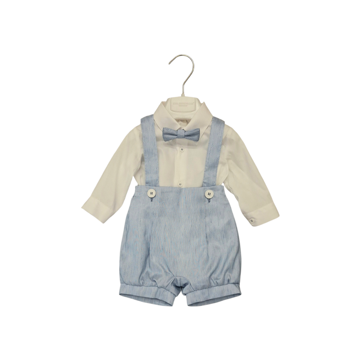 COLORICHIARI Completo Cerimonia Baby 4 pezzi Cardigan Camicia Papillon e Salopette Bianco-Celeste Primavera-Eatate