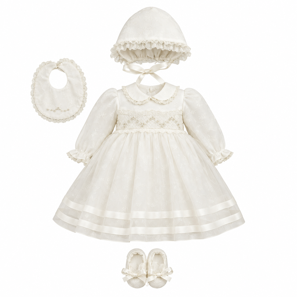 PICCOLA GIUGGIOLA Mulan Set Cerimonia Vestito con Cuffia-Scarpine-Bavetta in Organdis di Seta e Pizzo Panna-Miele Autunno-Inverno