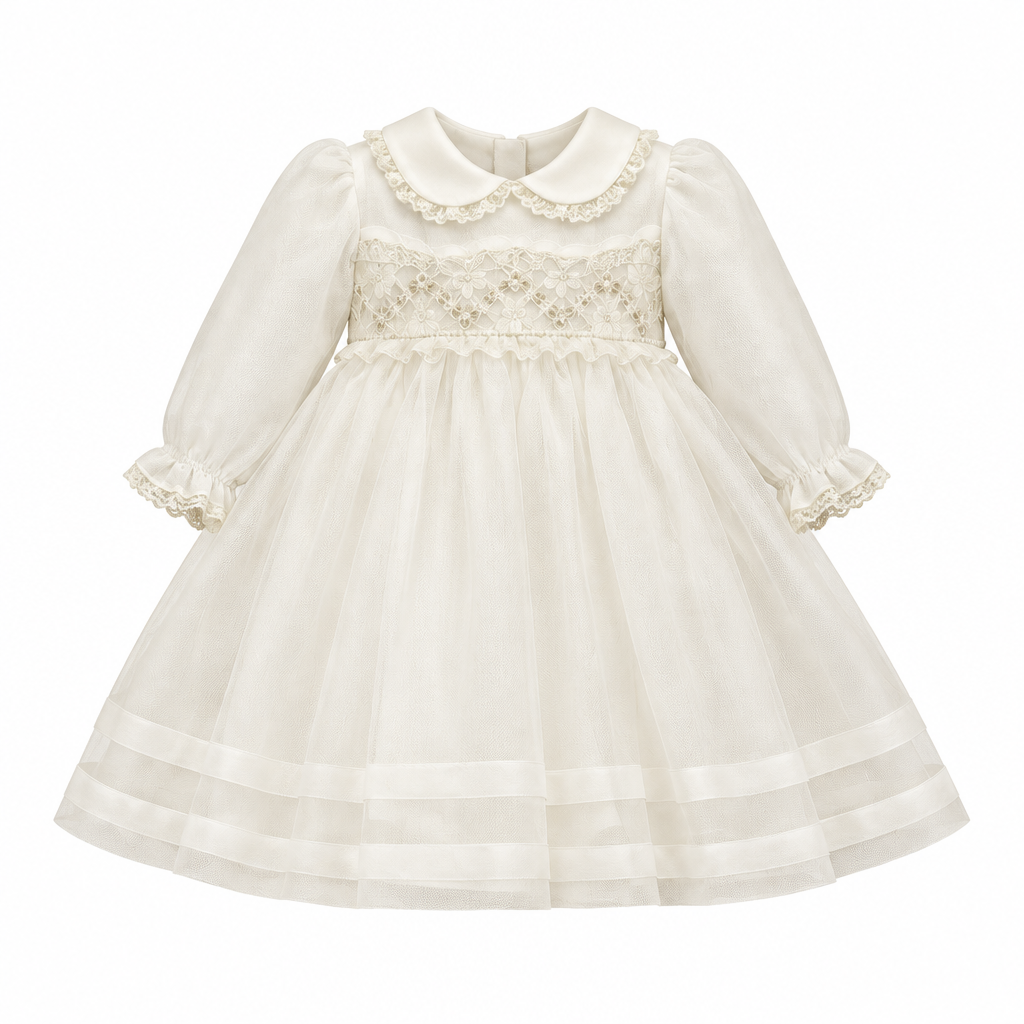 PICCOLA GIUGGIOLA Mulan Set Cerimonia Vestito con Cuffia-Scarpine-Bavetta in Organdis di Seta e Pizzo Panna-Miele Autunno-Inverno