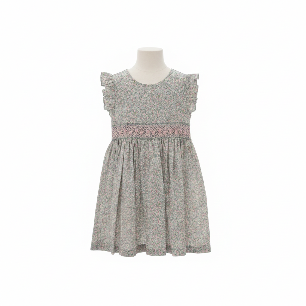 MALVI & CO. Vestito in Tessuto Stampato con Smock Verde Chiaro Primavera-Estate