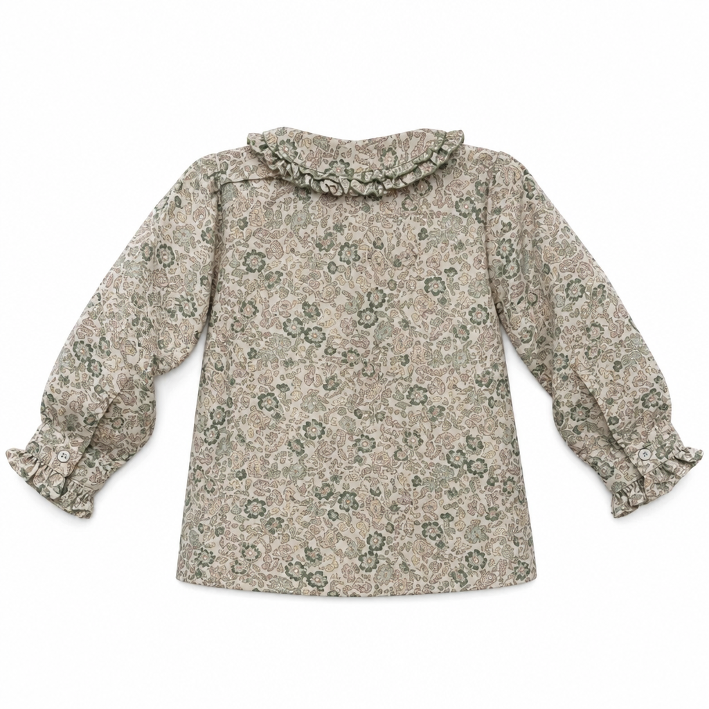 MALVI & CO. Camicia in tessuto stampato con smock panna-verde Autunno-Inverno