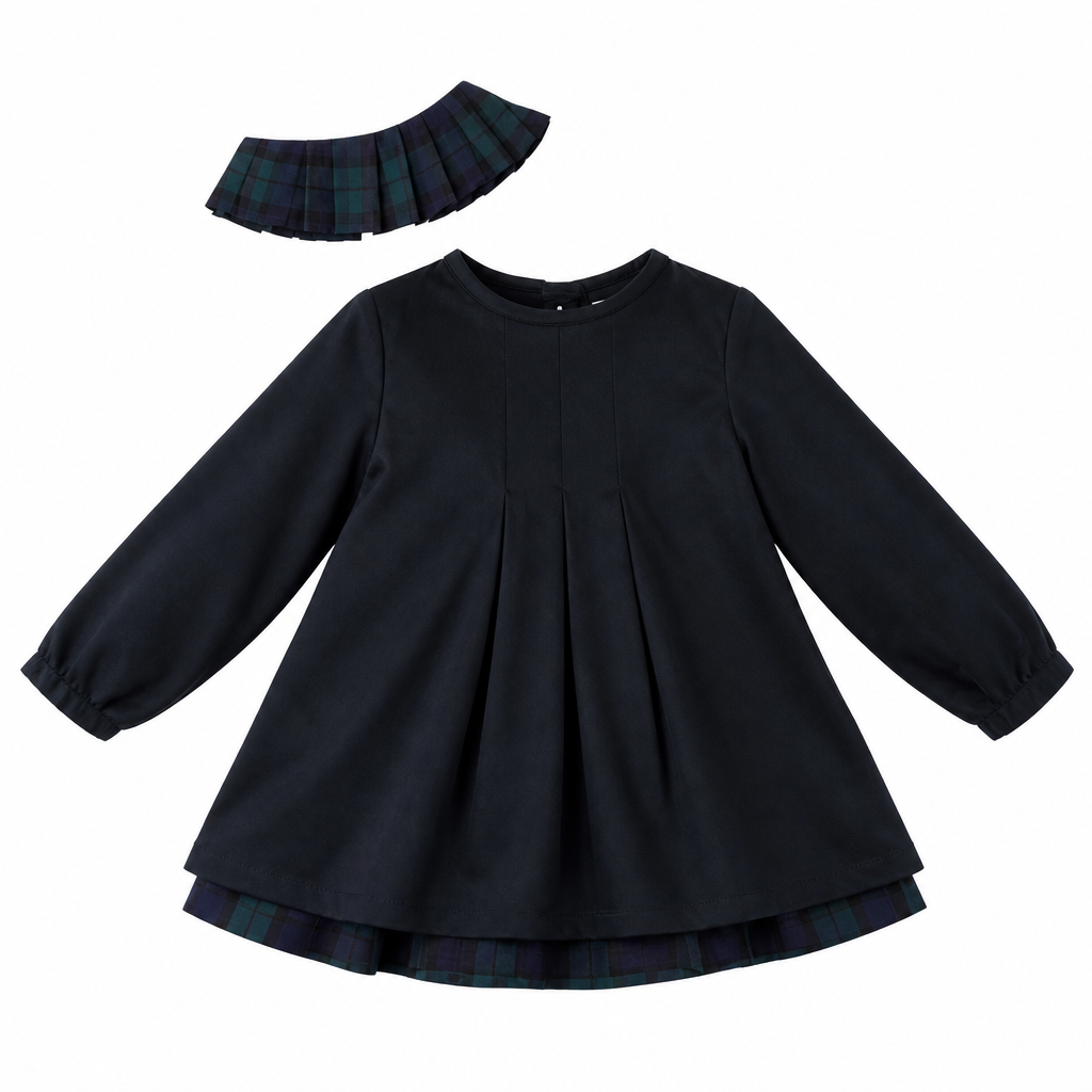 MALVI & CO. Vestito Bambina in Velluto Verde con Frill e Colletto Staccabile a Contrasto Autunno-Inverno