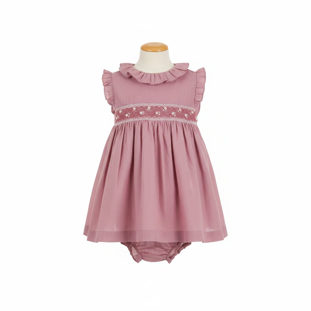 MALVI & CO. Isi Baby Vestito in Voile con Smock Color Malva Primavera-Estate