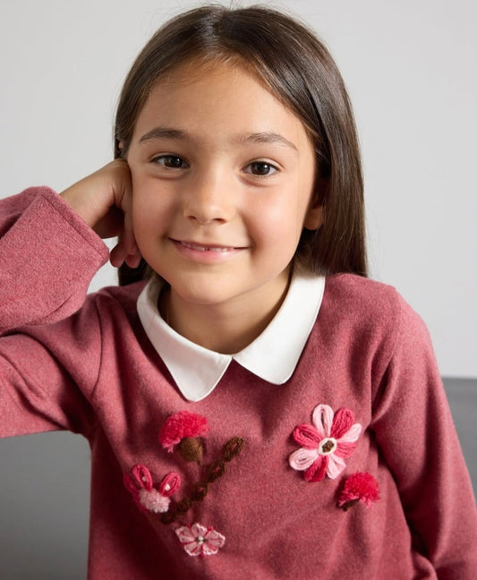 MALVI & CO Vestito Jersey Fiori Ricamati Lampone