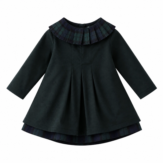 MALVI & CO. Vestito Bambina in Velluto Verde con Frill e Colletto Staccabile a Contrasto Autunno-Inverno