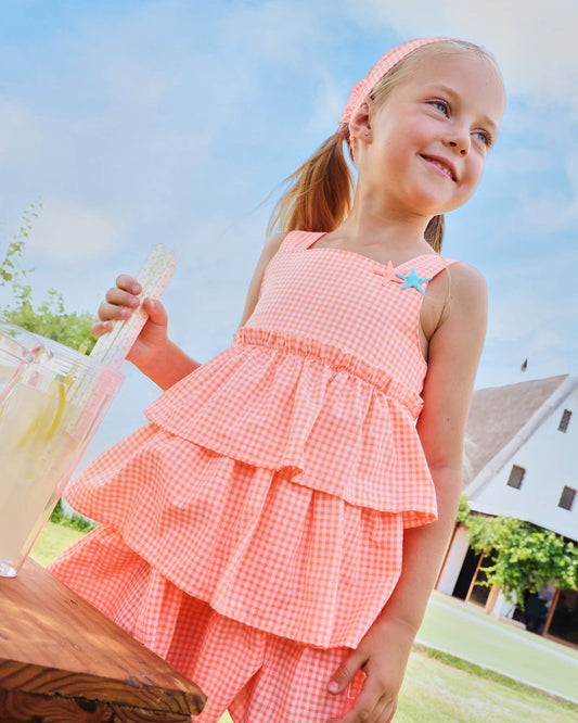 TUTTO PICCOLO Abito Vichy con Volants Arancio-Bianco Primavera-Estate