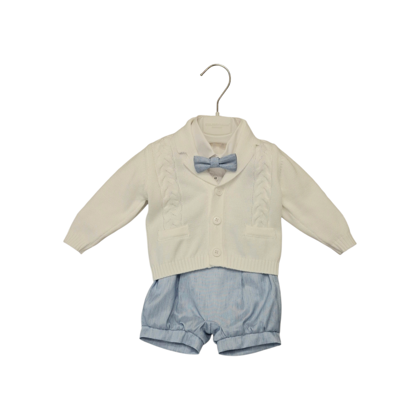 COLORICHIARI Completo Cerimonia Baby 4 pezzi Cardigan Camicia Papillon e Salopette Bianco-Celeste Primavera-Eatate