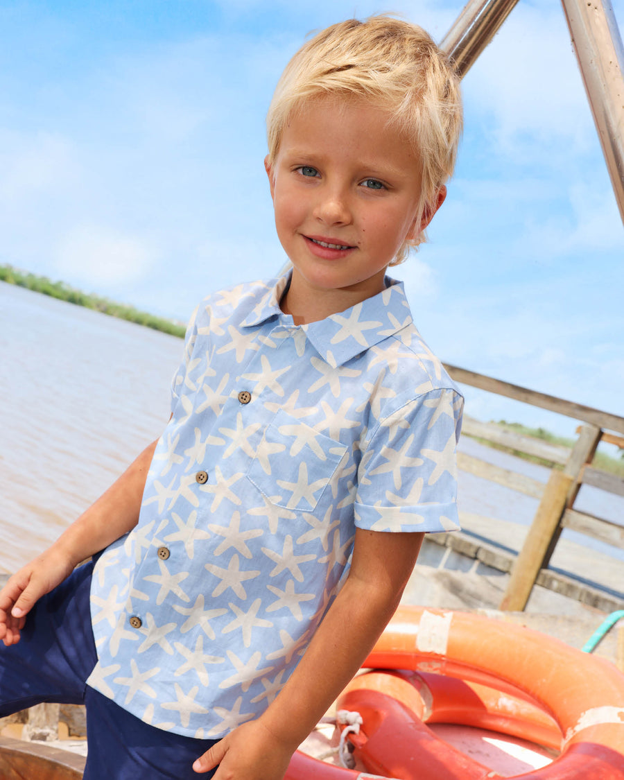 TUTTO PICCOLO Camicia M/C Cotone Fantasia Stella Marina Azzurro Carta da Zucchero-Beige Primavera-Estate