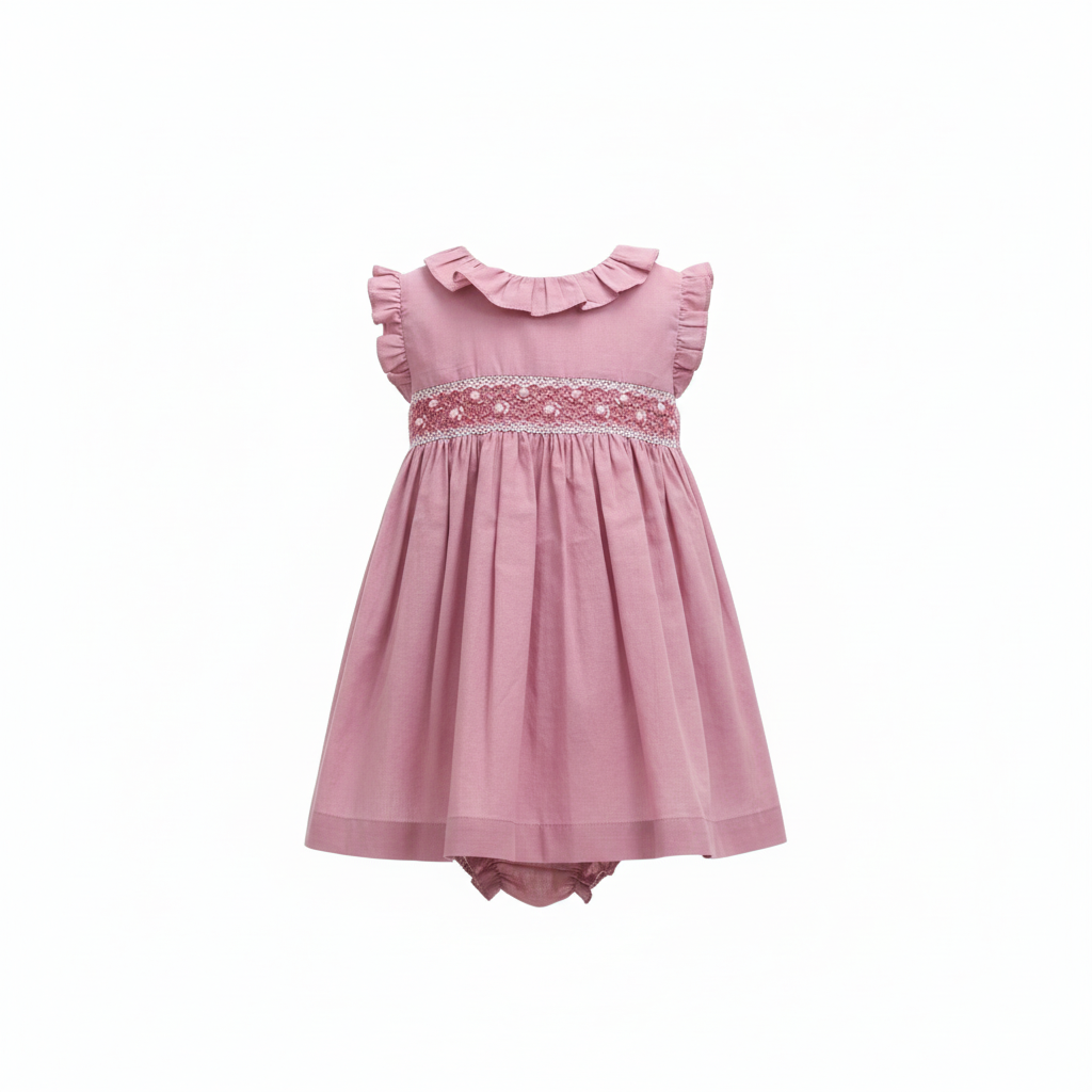 MALVI & CO. Isi Baby Vestito in Voile con Smock Color Malva Primavera-Estate