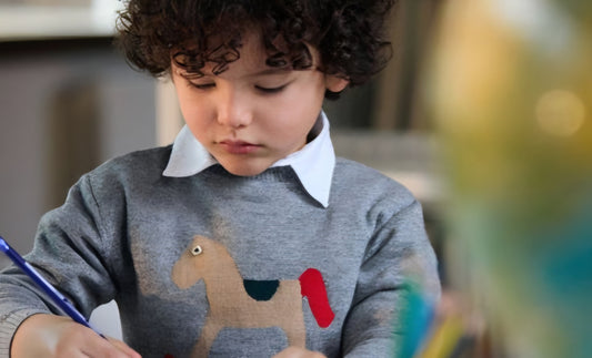 MALVI & CO. Isi Boy Pullover Lana-Cashmere con Intarsio Cavallo a Dondolo Grigio Melange Autunno-Inverno