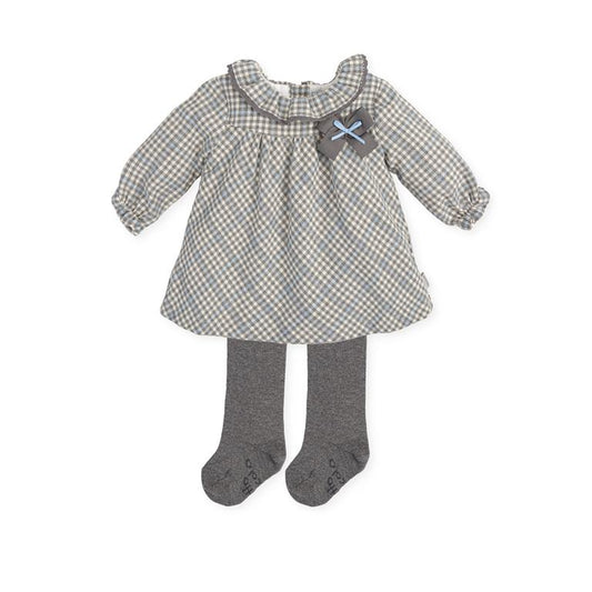 EVERYTHING SMALL Grey-blue checked dress with gray tights
