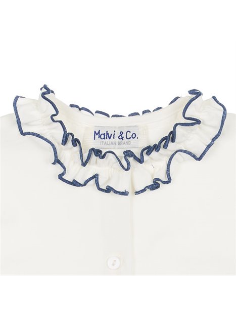Malvi &amp; Co. cream jersey shirt with navy embroidered frill