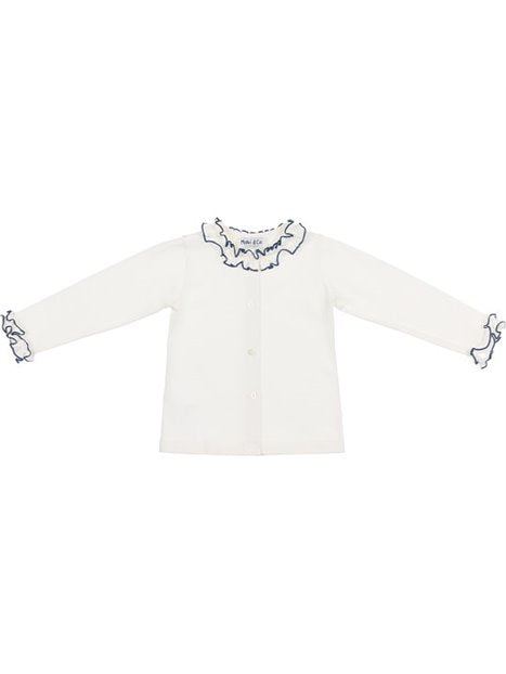 Malvi & Co. camicia in jersey panna con frill ricamato navy