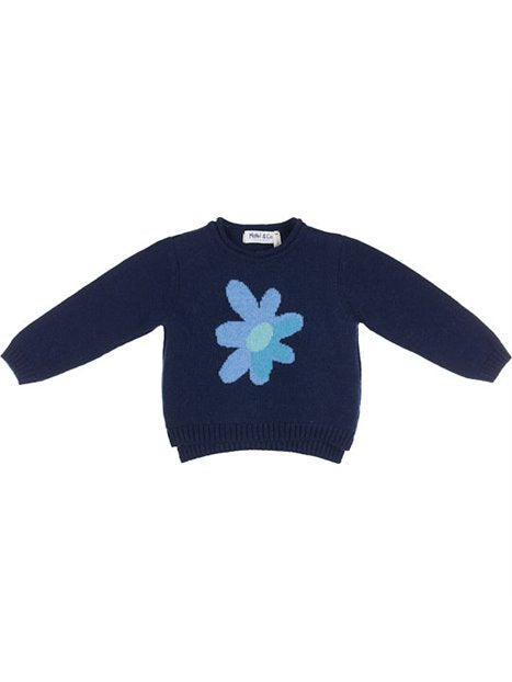 MALVI & CO pullover in lana/cashmere navy con jacquard fiore azzurro